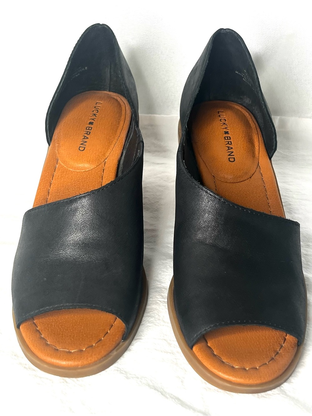 🍀 Lucky Brand Women's Black Leather Open Toe Block Heel Sandals Size 7.5